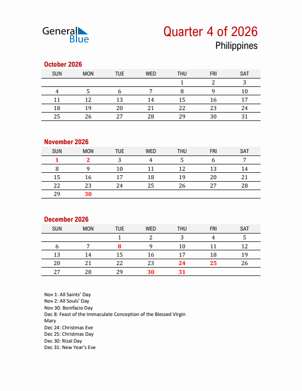 Printable Three Month Calendar with Philippines Holidays