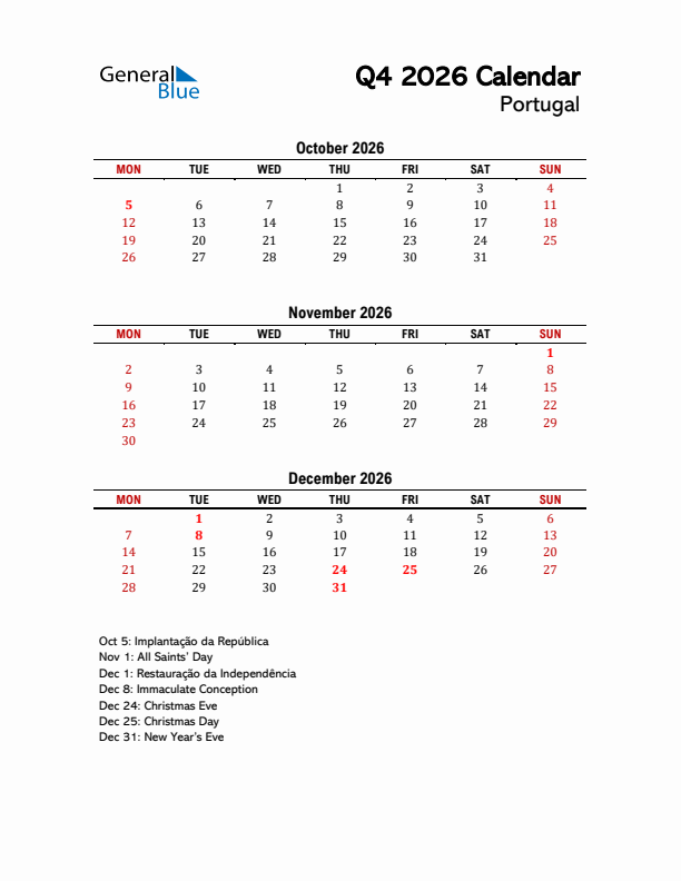 2026 Q4 Calendar with Holidays List for Portugal