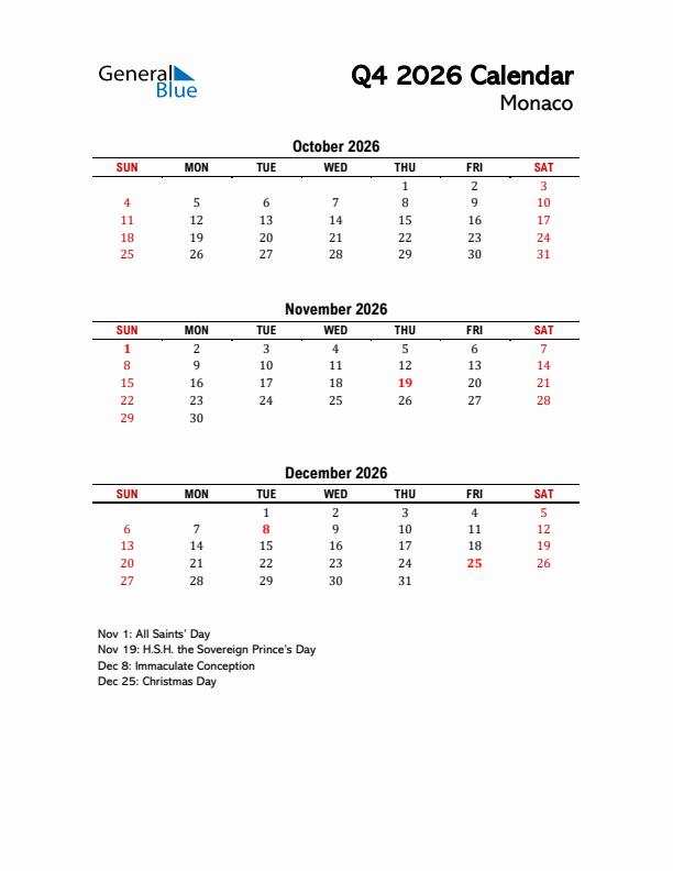2026 Q4 Calendar with Holidays List for Monaco