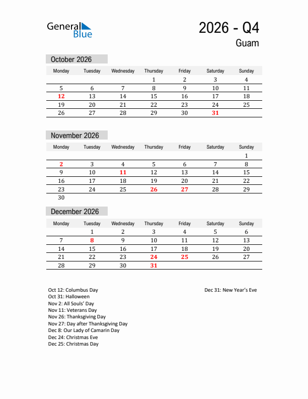 Guam Quarter 4 2026 Calendar with Holidays
