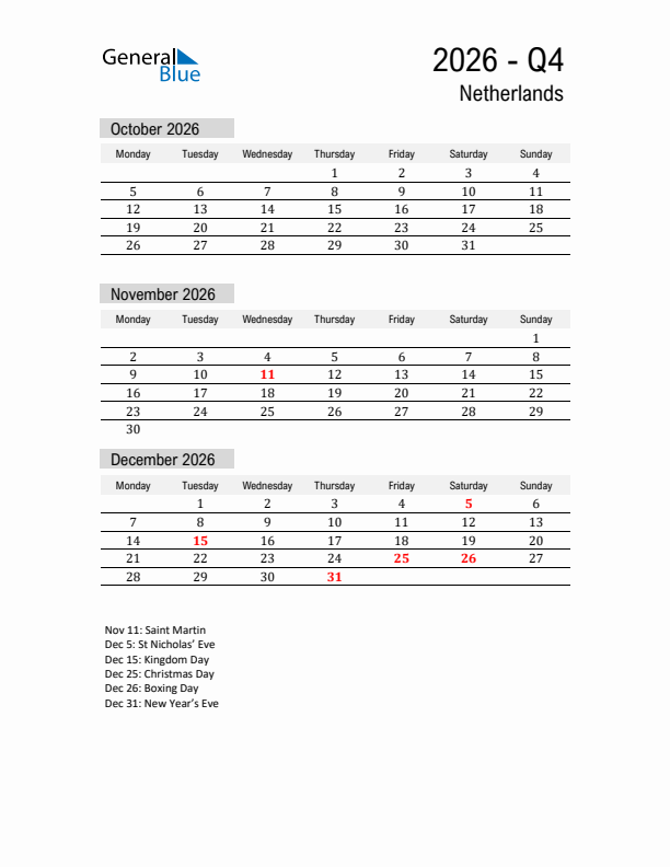 The Netherlands Quarter 4 2026 Calendar with Holidays