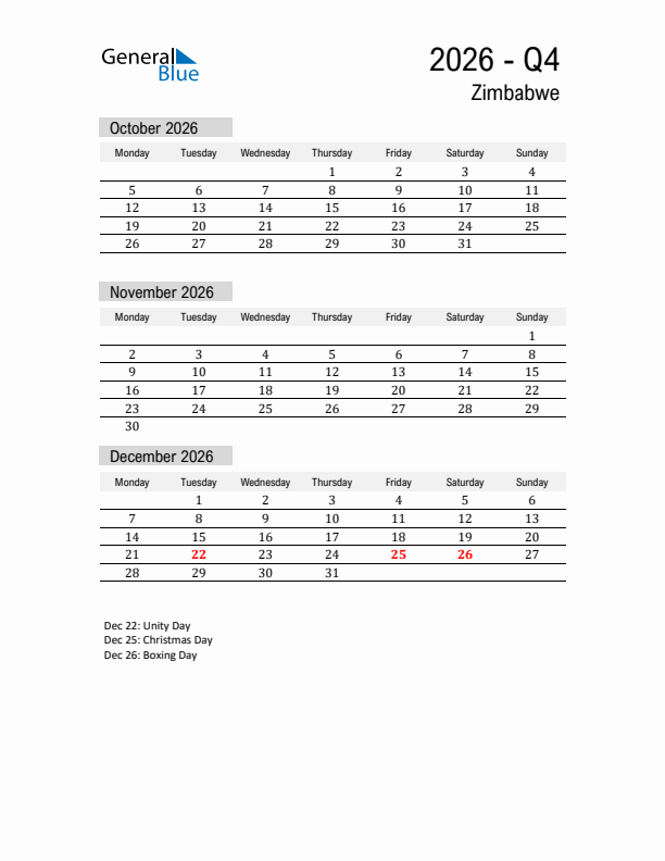 Zimbabwe Quarter 4 2026 Calendar with Holidays