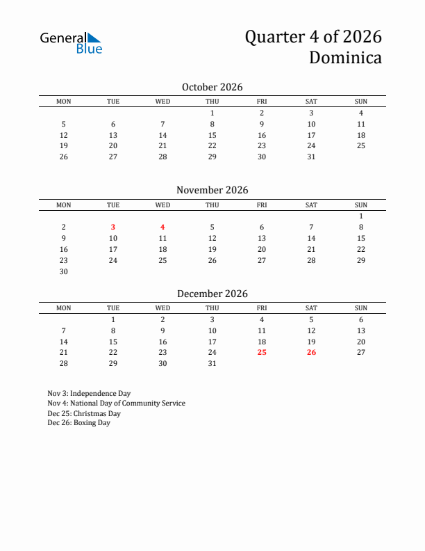 Quarter 4 2026 Dominica Quarterly Calendar