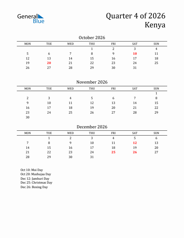 Quarter 4 2026 Kenya Quarterly Calendar