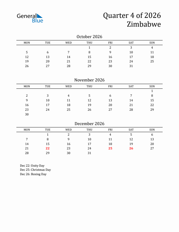 Quarter 4 2026 Zimbabwe Quarterly Calendar