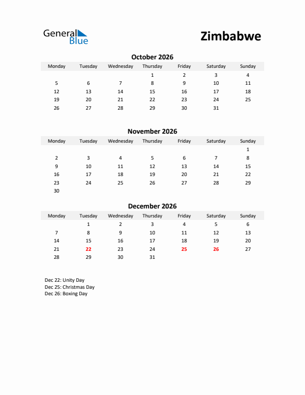 Printable Quarterly Calendar with Notes and Zimbabwe Holidays- Q4 of 2026