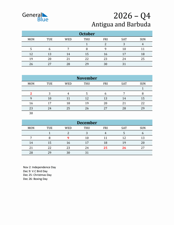 Three-Month Planner for Q4 2026 with Holidays - Antigua and Barbuda