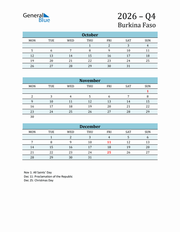 Three-Month Planner for Q4 2026 with Holidays - Burkina Faso
