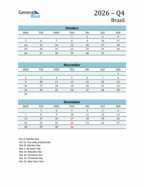 Three-Month Planner for Q4 2026 with Holidays - Brazil