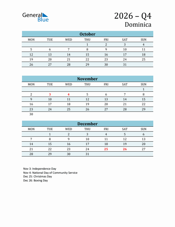 Three-Month Planner for Q4 2026 with Holidays - Dominica