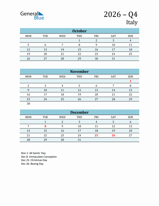 Three-Month Planner for Q4 2026 with Holidays - Italy