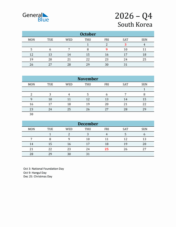 Three-Month Planner for Q4 2026 with Holidays - South Korea