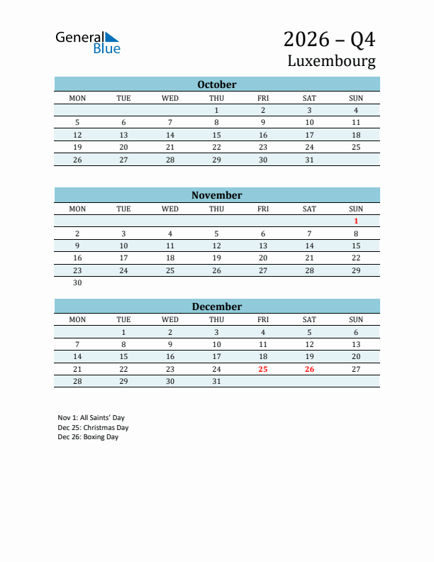 Three-Month Planner for Q4 2026 with Holidays - Luxembourg