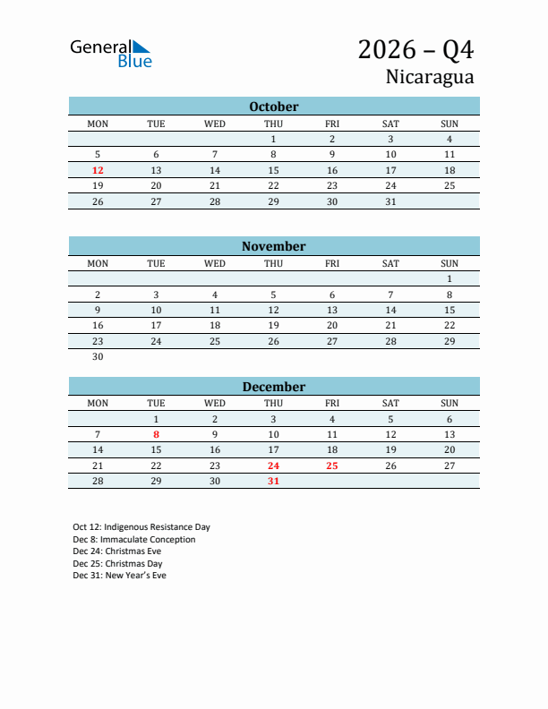 Three-Month Planner for Q4 2026 with Holidays - Nicaragua