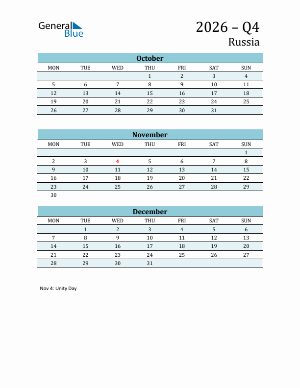 Three-Month Planner for Q4 2026 with Holidays - Russia