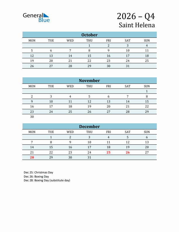 Three-Month Planner for Q4 2026 with Holidays - Saint Helena