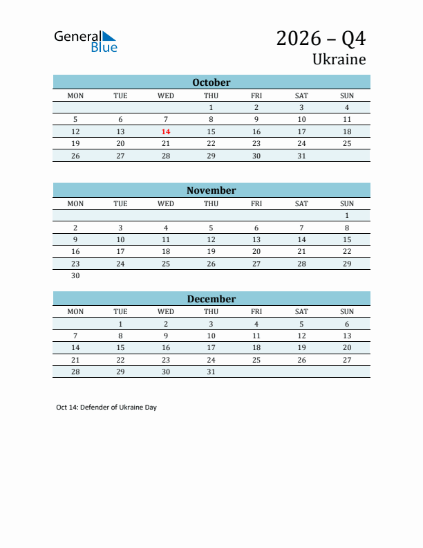 Three-Month Planner for Q4 2026 with Holidays - Ukraine