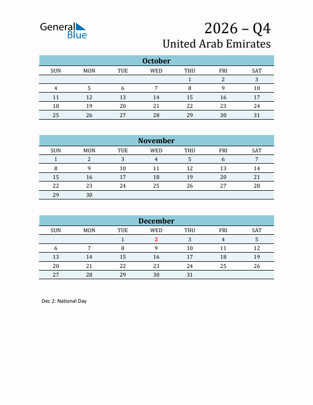 Three-Month Planner for Q4 2026 with Holidays - United Arab Emirates