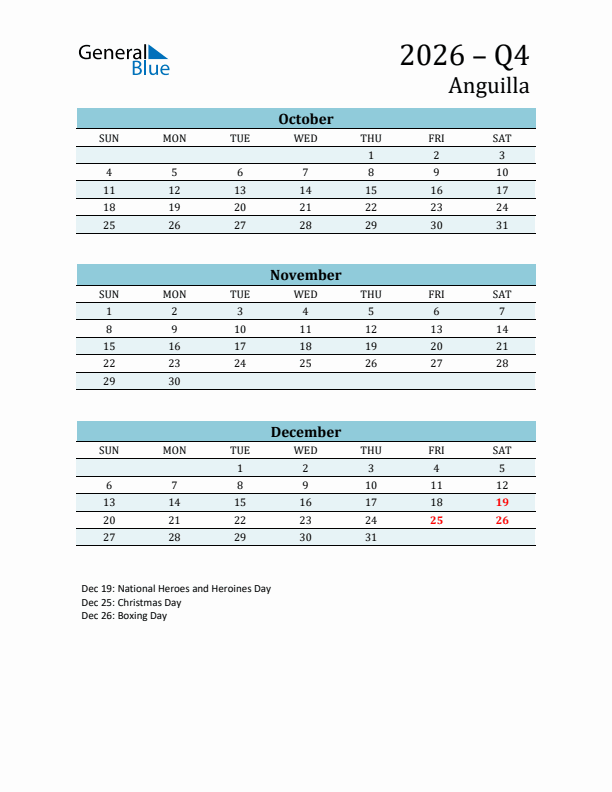 Three-Month Planner for Q4 2026 with Holidays - Anguilla