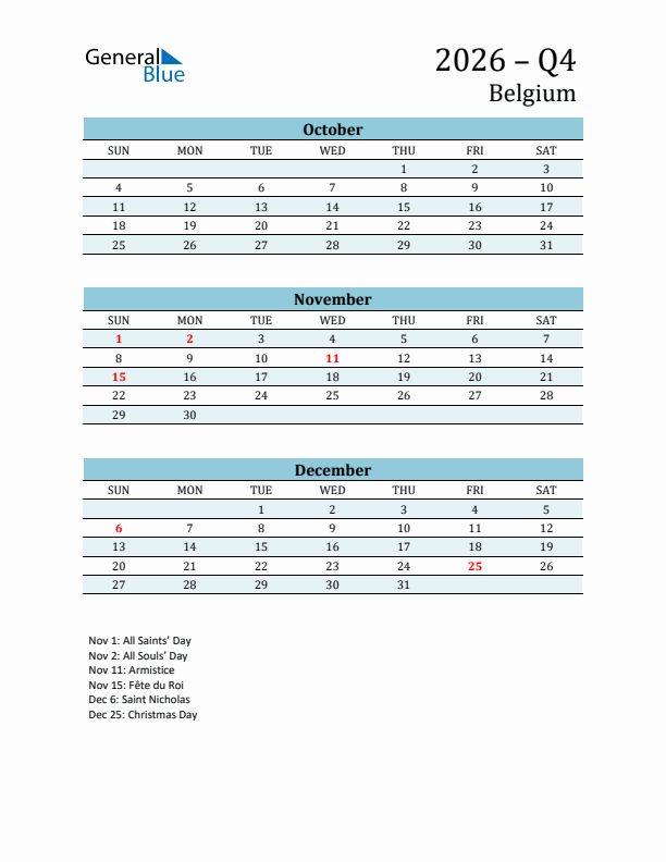 Three-Month Planner for Q4 2026 with Holidays - Belgium