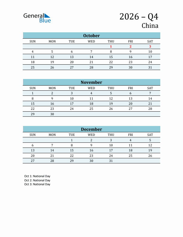 Three-Month Planner for Q4 2026 with Holidays - China