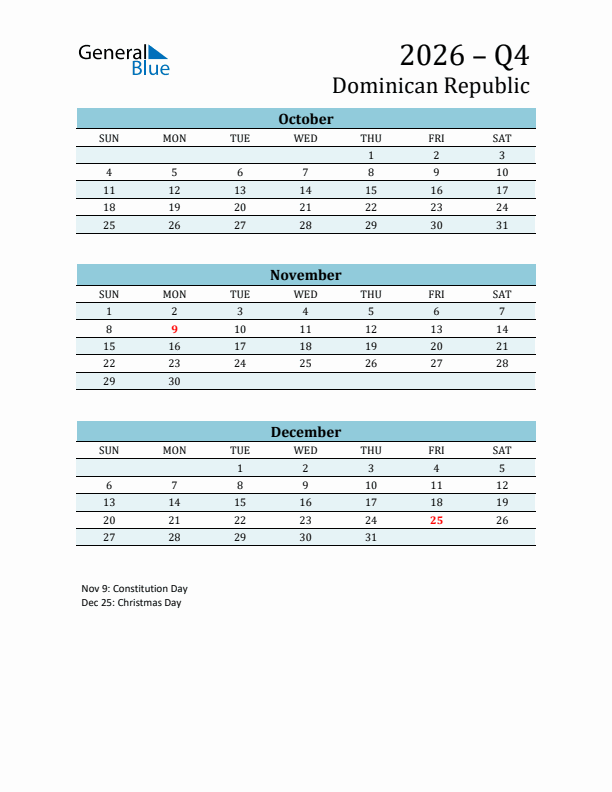 Three-Month Planner for Q4 2026 with Holidays - Dominican Republic