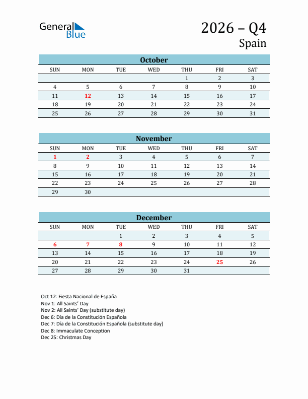 Three-Month Planner for Q4 2026 with Holidays - Spain