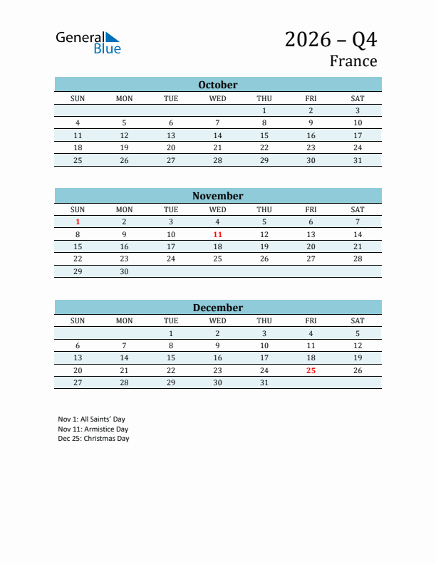 Three-Month Planner for Q4 2026 with Holidays - France