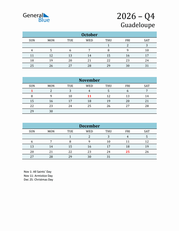 Three-Month Planner for Q4 2026 with Holidays - Guadeloupe