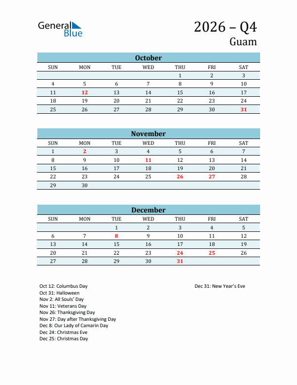 Three-Month Planner for Q4 2026 with Holidays - Guam