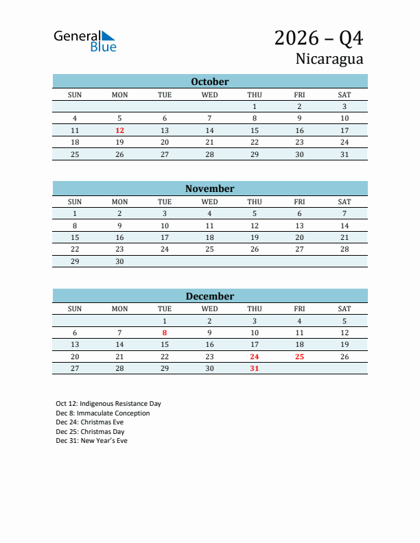 Three-Month Planner for Q4 2026 with Holidays - Nicaragua