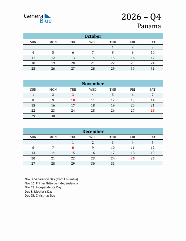 Three-Month Planner for Q4 2026 with Holidays - Panama