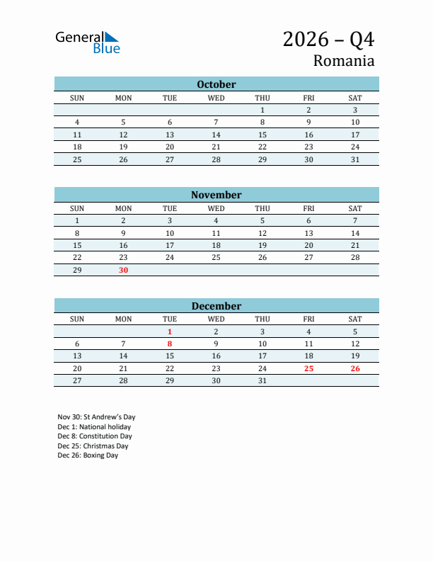 Three-Month Planner for Q4 2026 with Holidays - Romania