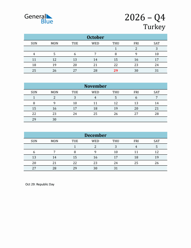 Three-Month Planner for Q4 2026 with Holidays - Turkey