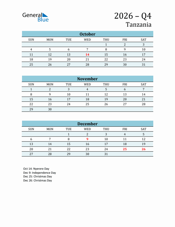 Three-Month Planner for Q4 2026 with Holidays - Tanzania