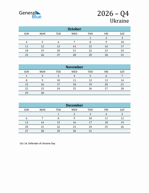 Three-Month Planner for Q4 2026 with Holidays - Ukraine