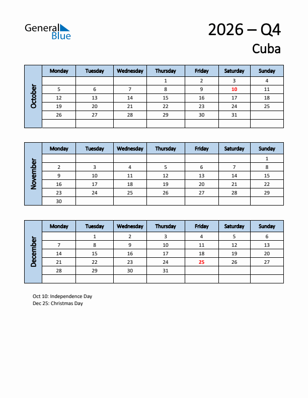 Free Q4 2026 Calendar for Cuba - Monday Start