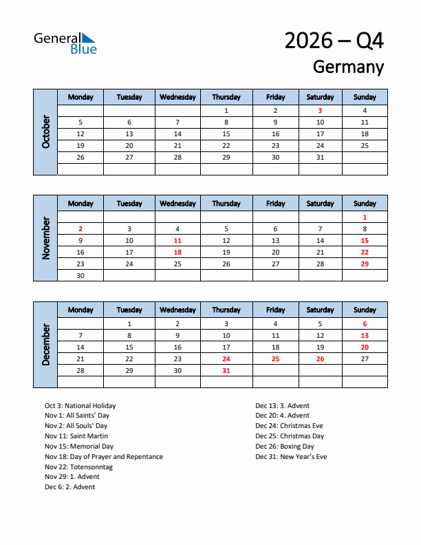Free Q4 2026 Calendar for Germany - Monday Start
