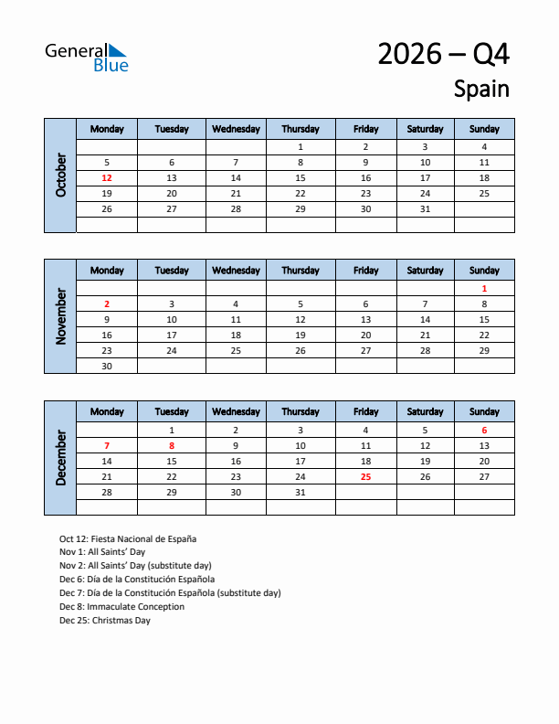 Free Q4 2026 Calendar for Spain - Monday Start