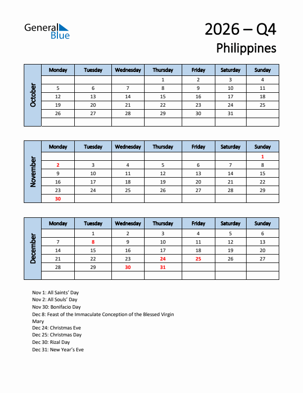 Free Q4 2026 Calendar for Philippines - Monday Start