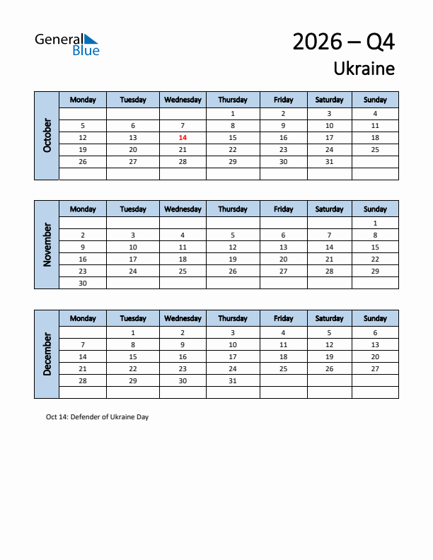 Free Q4 2026 Calendar for Ukraine - Monday Start