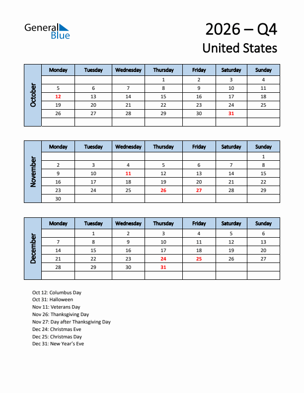 Free Q4 2026 Calendar for United States - Monday Start
