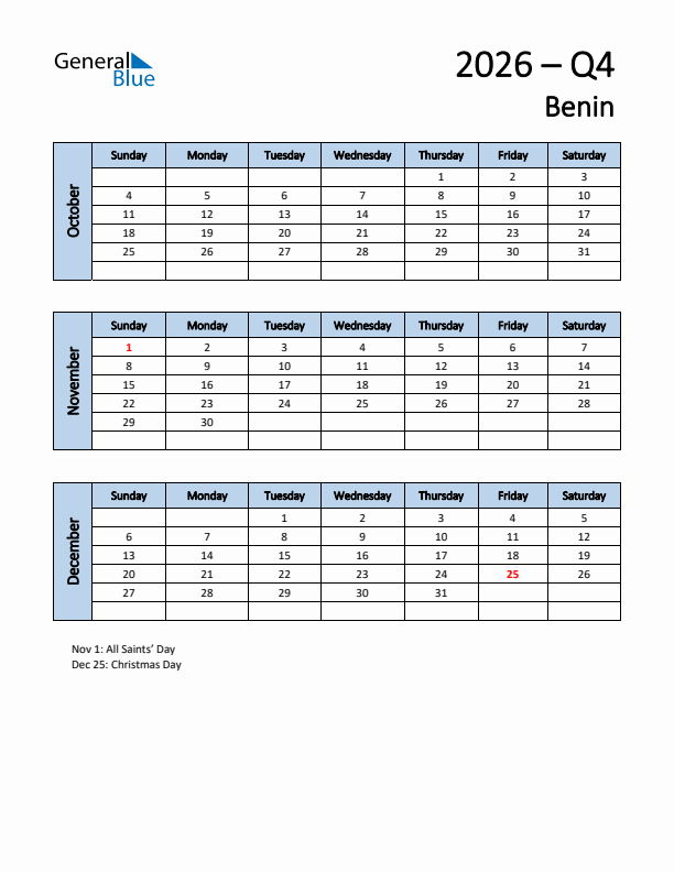 Free Q4 2026 Calendar for Benin - Sunday Start