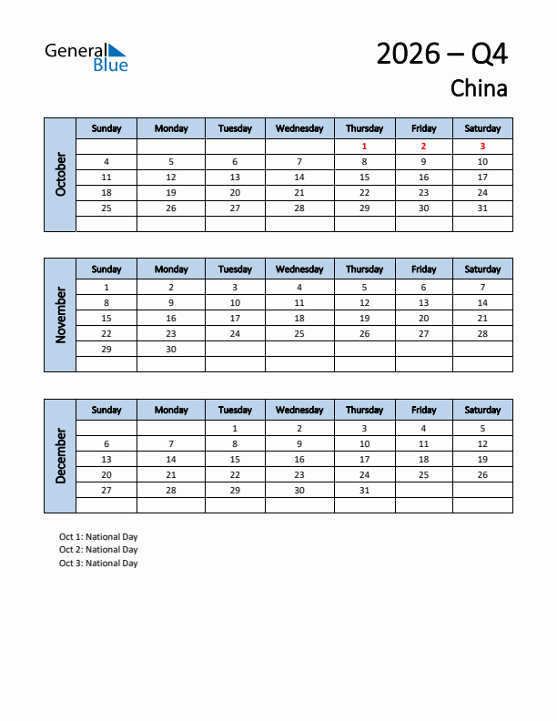 Free Q4 2026 Calendar for China - Sunday Start