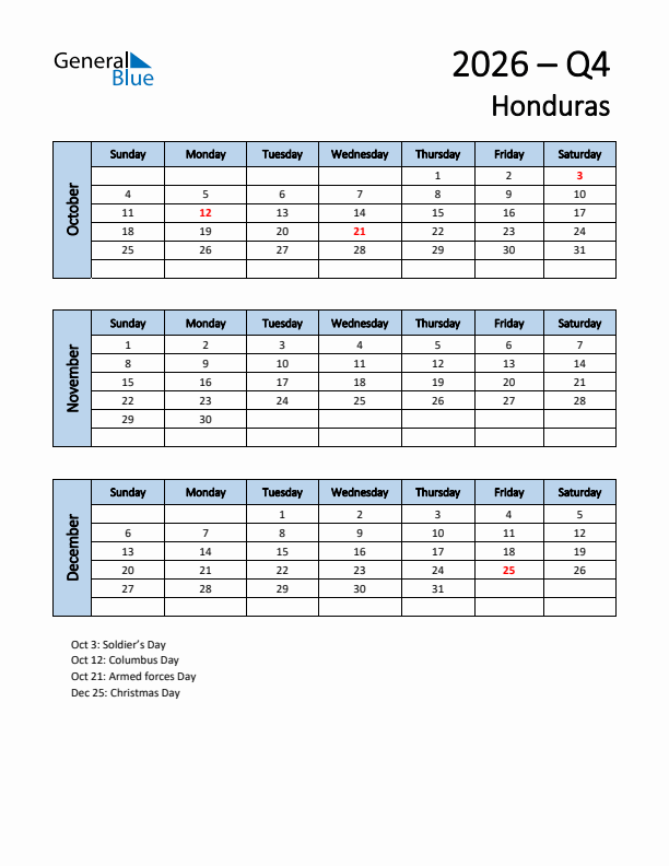 Free Q4 2026 Calendar for Honduras - Sunday Start
