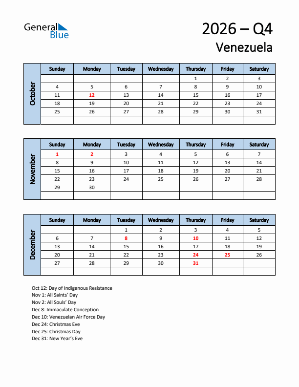 Free Q4 2026 Calendar for Venezuela - Sunday Start