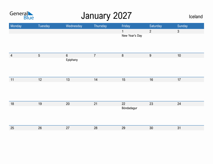 Fillable January 2027 Calendar