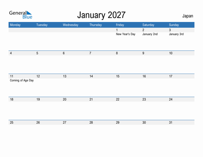 Fillable January 2027 Calendar