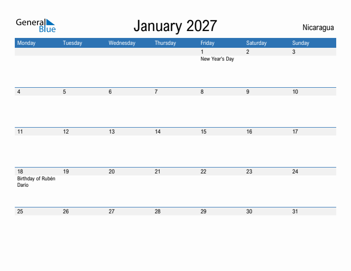 Fillable January 2027 Calendar