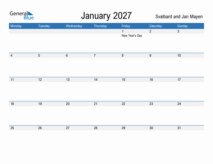 Fillable January 2027 Calendar